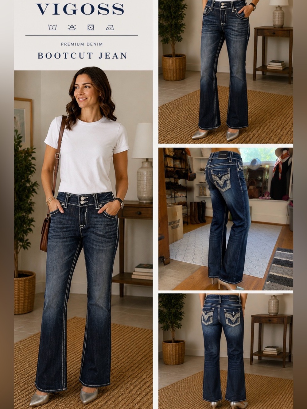 Vigoss Premium Denim Bootcut Jeans Size 32/33 Dark Wash Embellished Pocket Jeans